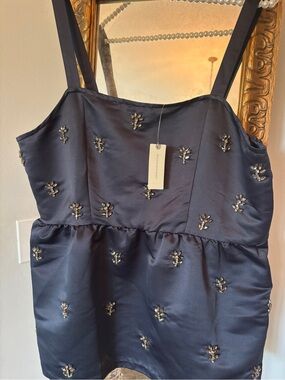 Anthropologie Embellished Navy Dhruv Kapoor Satin Cami Top
